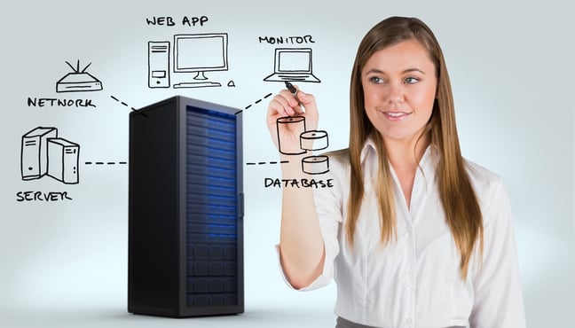 Young adult woman with a data tower drawing server, network, web app, monitor and data base images