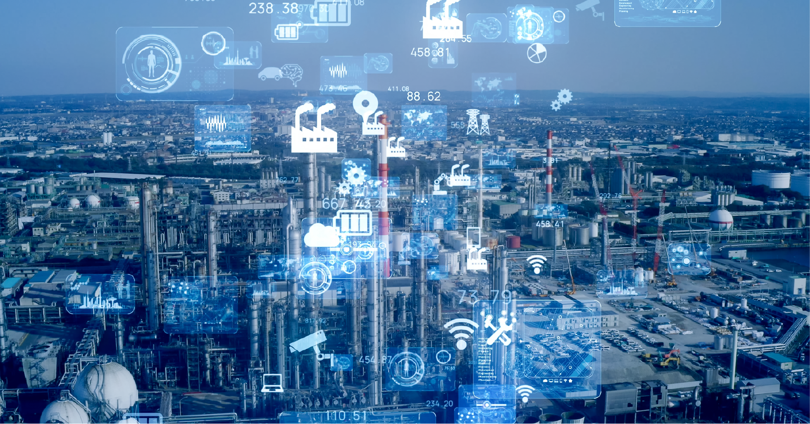 A digital depiction of manufacturing cybersecurity is superimposed over a photo of a large-scale manufacturing facility.