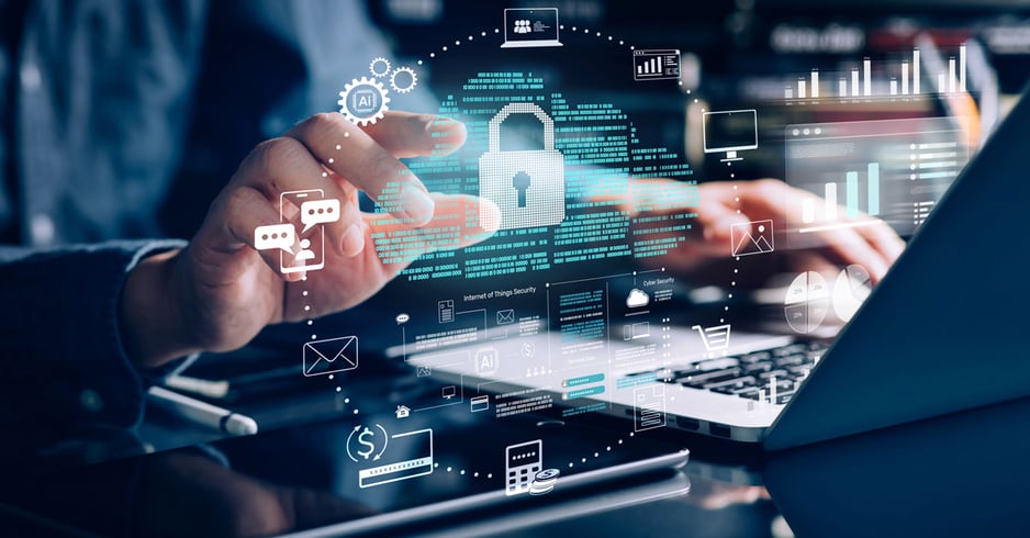 A closeup on an office worker's hands with a digitized depiction of cloud computing security.