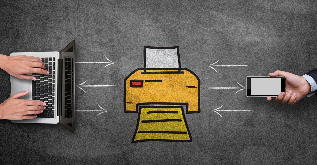 A chalkboard drawing of a network printer connected to a laptop and a mobile device.