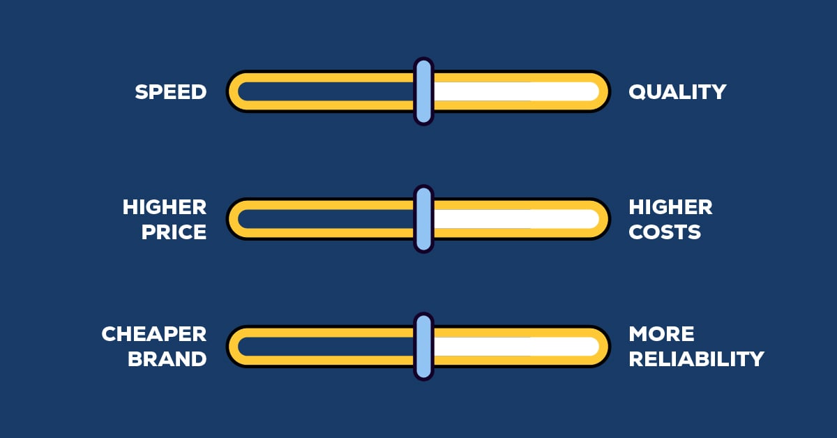 Sliding scales over a dark blue background feature price vs. Running costs, cheaper brands vs. more reliability, and print speed vs. quality.