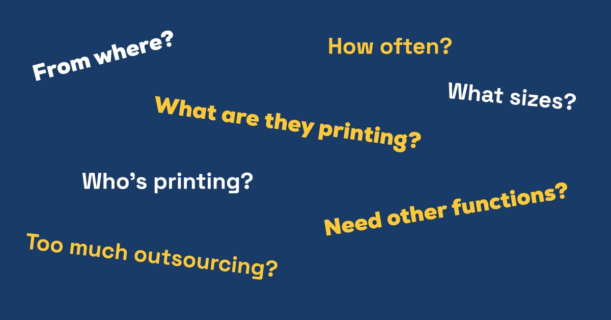 Common questions to ask before purchasing a printer are featured over a dark blue background. 