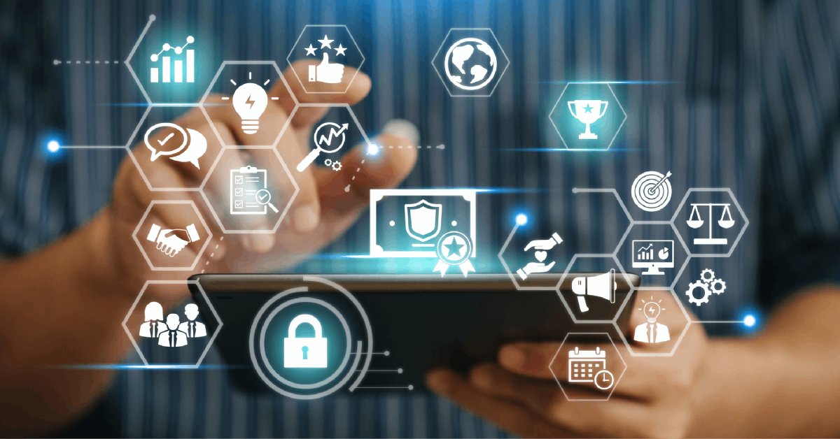 Hand touching a digital network of IT service icons.
