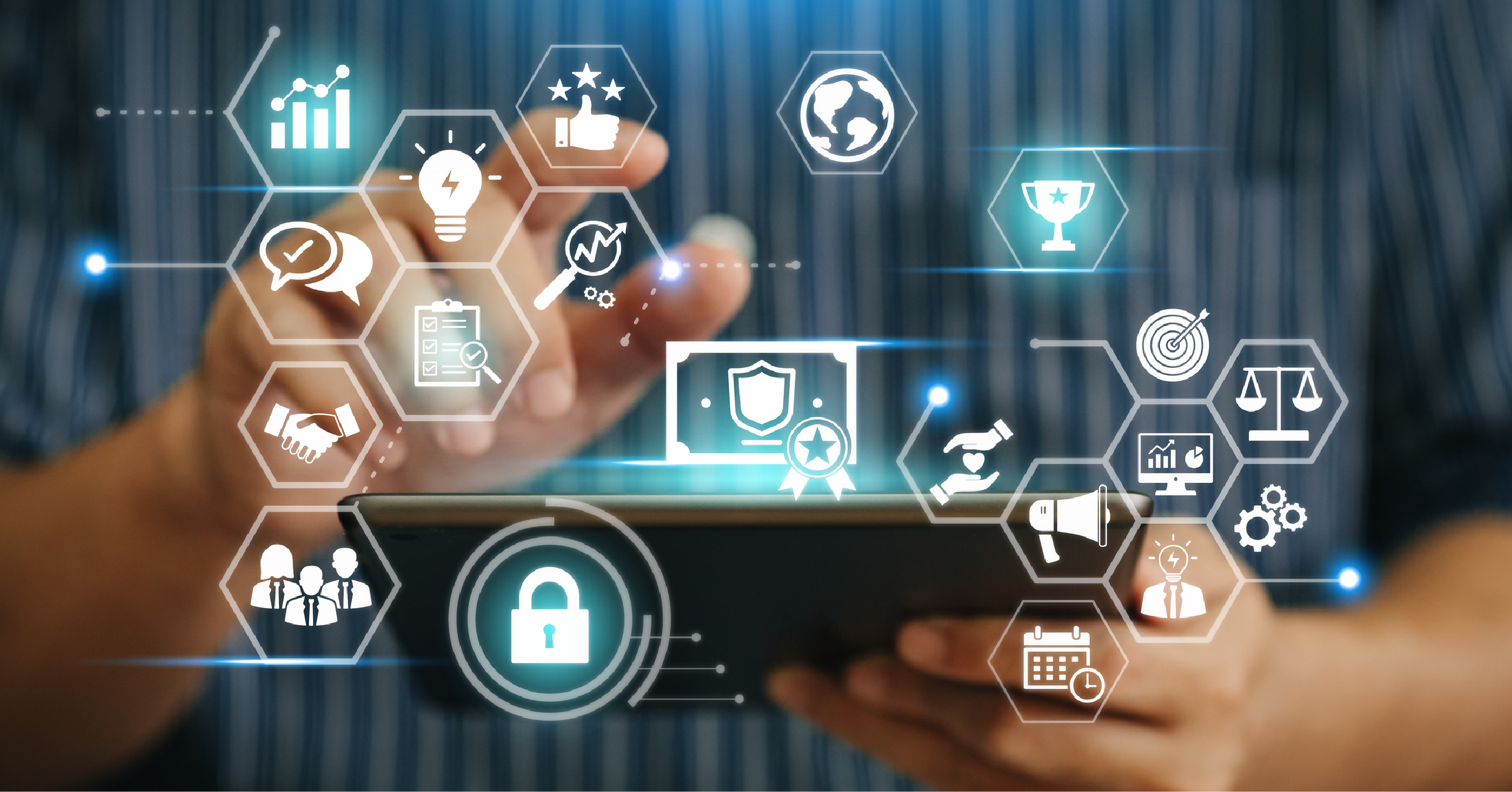 A closeup of a hand interacting with a digitized depiction of comprehensive managed IT services.