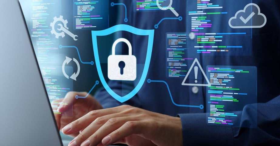 A closeup of a male worker with a superimposed depiction of cybersecurity.