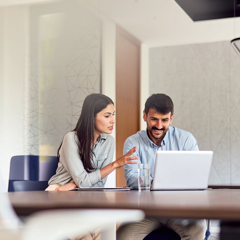 Two executives in a financial services office looking at data on a laptop.