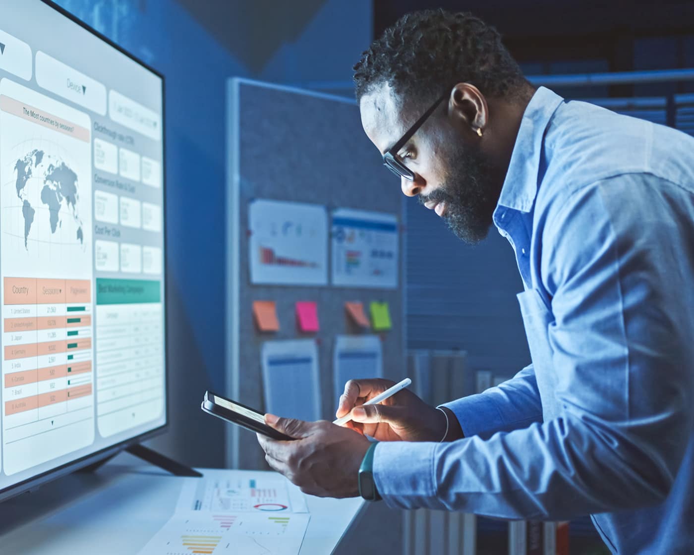 Executive reviewing declining profitability data on a tablet and monitors.
