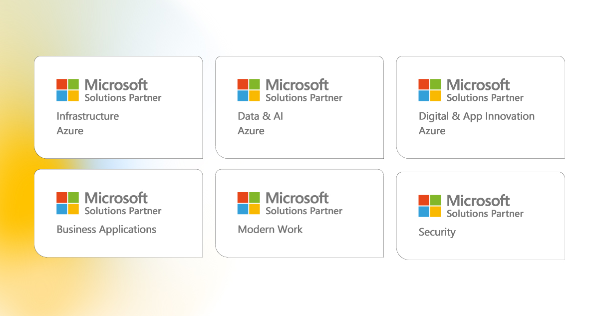 Grid of Marco's six Microsoft Solutions Partner designation badges.
