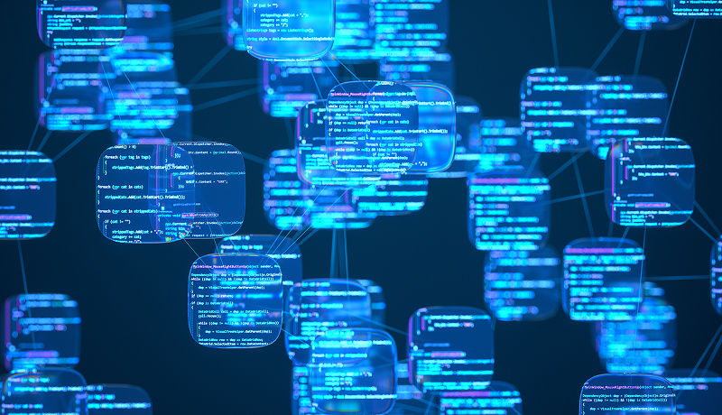An abstract visualization of glowing blue code windows connected in a digital network representing AI automation