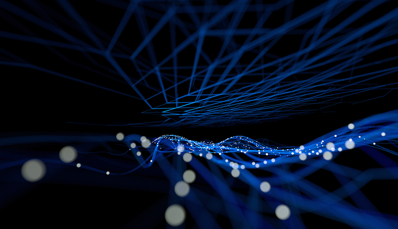 Abstract digital network graphic with glowing connected nodes.