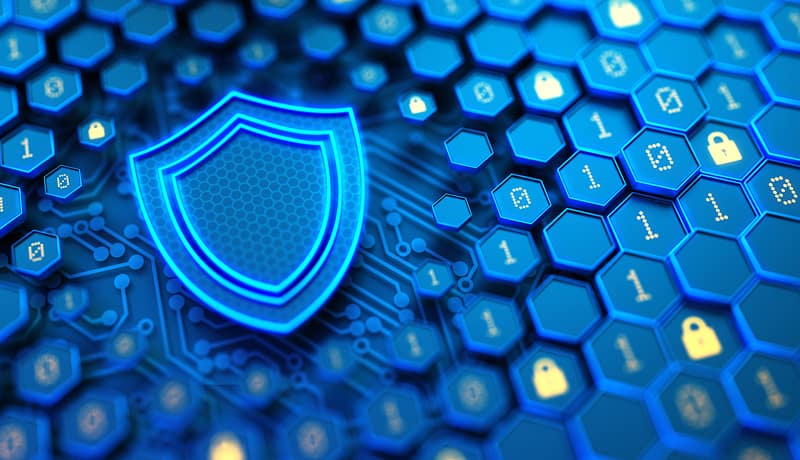 glowing-blue-shield-icon-surrounded-by-hexagonal-security-symbols