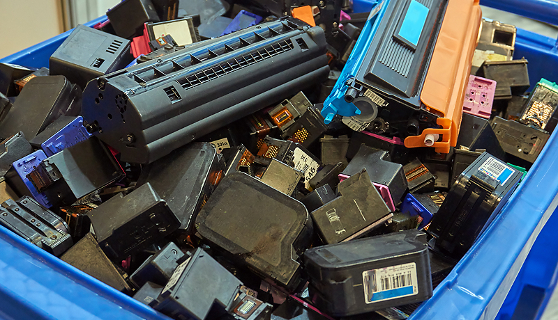 Used toner cartridges collected for recycling.