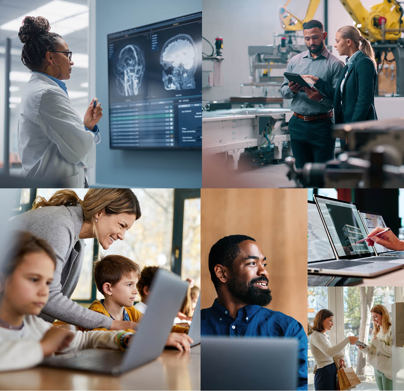 Collage of professionals across healthcare, manufacturing, and education using Marco's technology solutions.