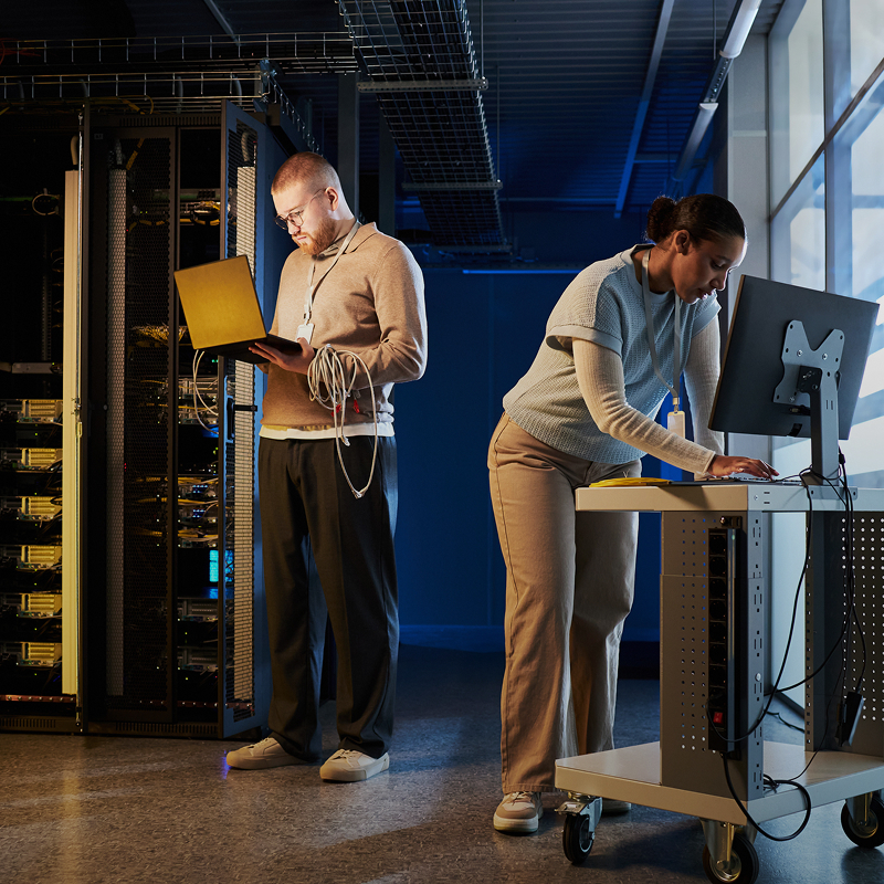 IT team members collaborating on a laptop in a server room.