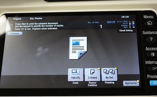 Image of a multi-function printer screen showing how to adjust print settings while printing securely.