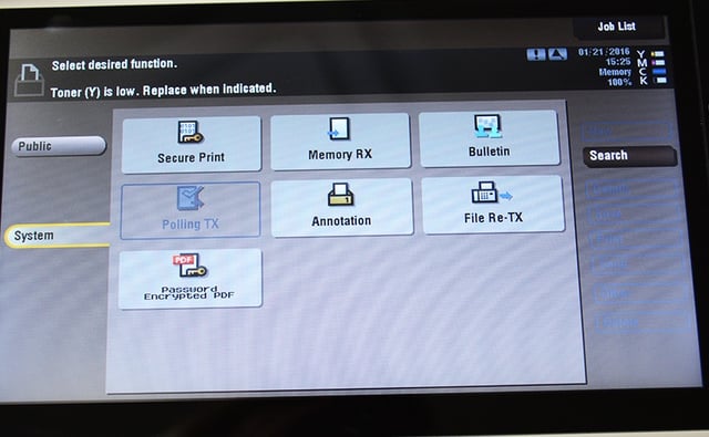 Image of a multi-function printer screen within the system user box selecting the secure print option. 