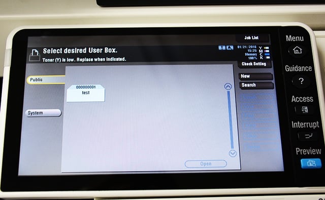 Image of a multi-function printer screen selecting navigating to the system user box option. 