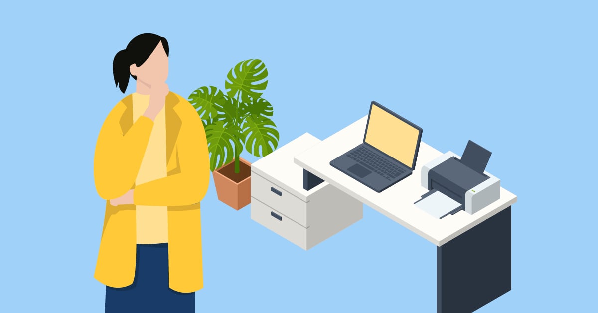 Person looking around the office for a printer place. 