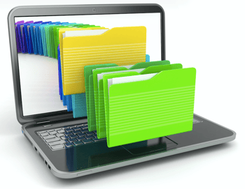 graphic of open laptop with file folders sitting on the keyboard and disappearing into the laptop screen