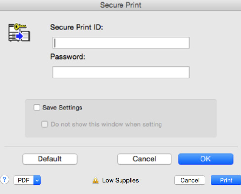 Image of a pop-up window for Mac requesting a Secure Print ID and password for secure printing. 